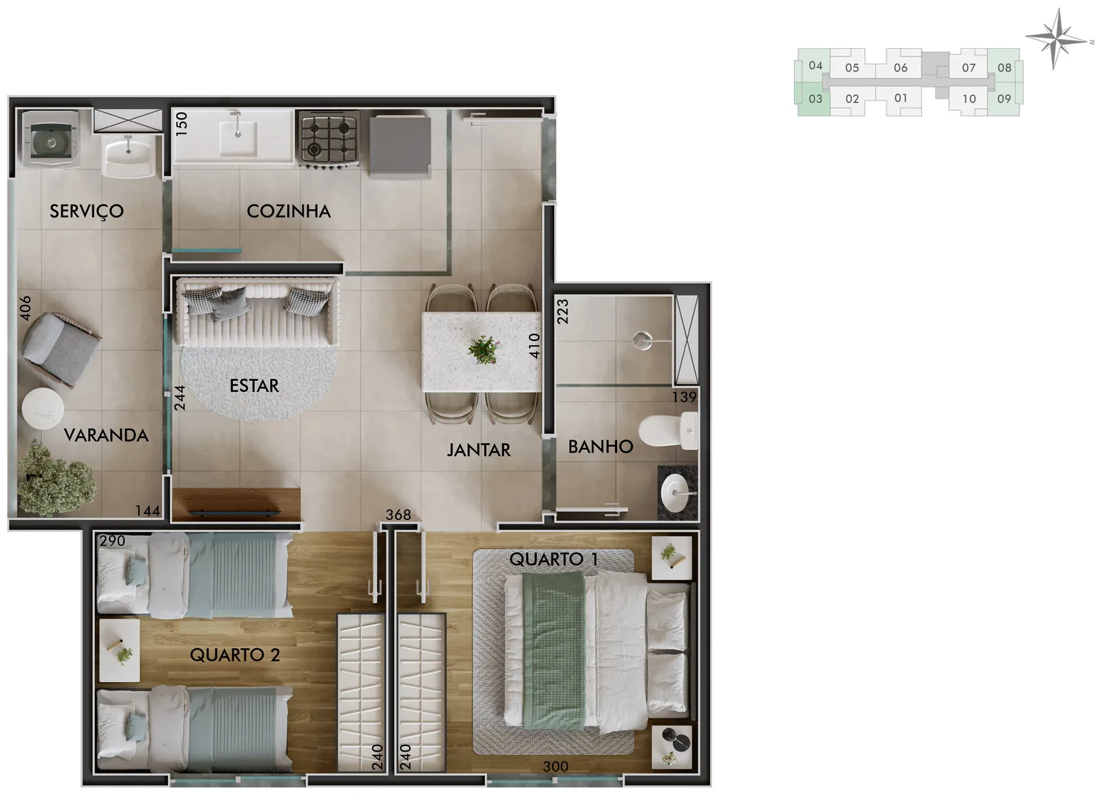 Planta da Tipologia 02, 2 dormitórios de 41,77 m²