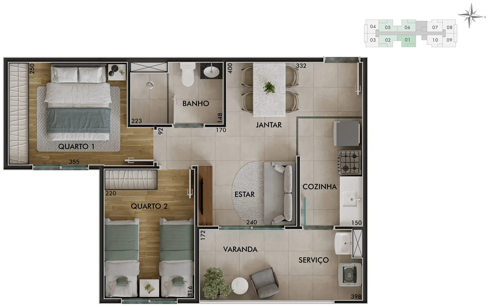 Planta da Tipologia 01, 2 dormitórios de 45,27 m²